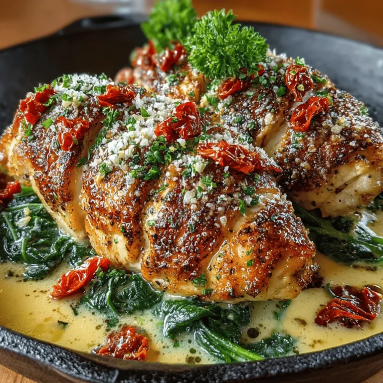 - 4 boneless, skinless chicken breasts - 4 cloves of garlic, minced - 1 cup heavy cream - 1 cup grated Parmesan cheese - 2 cups fresh spinach - 1/2 cup sun-dried tomatoes, chopped - 1 teaspoon Italian seasoning - 1/2 teaspoon paprika - Salt and pepper to taste - 2 tablespoons olive oil - Fresh parsley for garnish (optional)