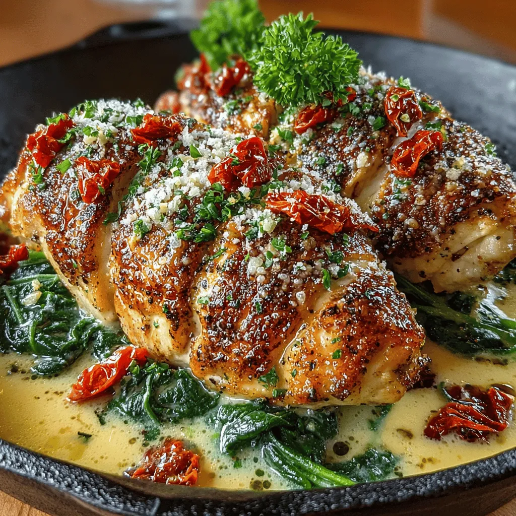 - 4 boneless, skinless chicken breasts - 4 cloves of garlic, minced - 1 cup heavy cream - 1 cup grated Parmesan cheese - 2 cups fresh spinach - 1/2 cup sun-dried tomatoes, chopped - 1 teaspoon Italian seasoning - 1/2 teaspoon paprika - Salt and pepper to taste - 2 tablespoons olive oil - Fresh parsley for garnish (optional)