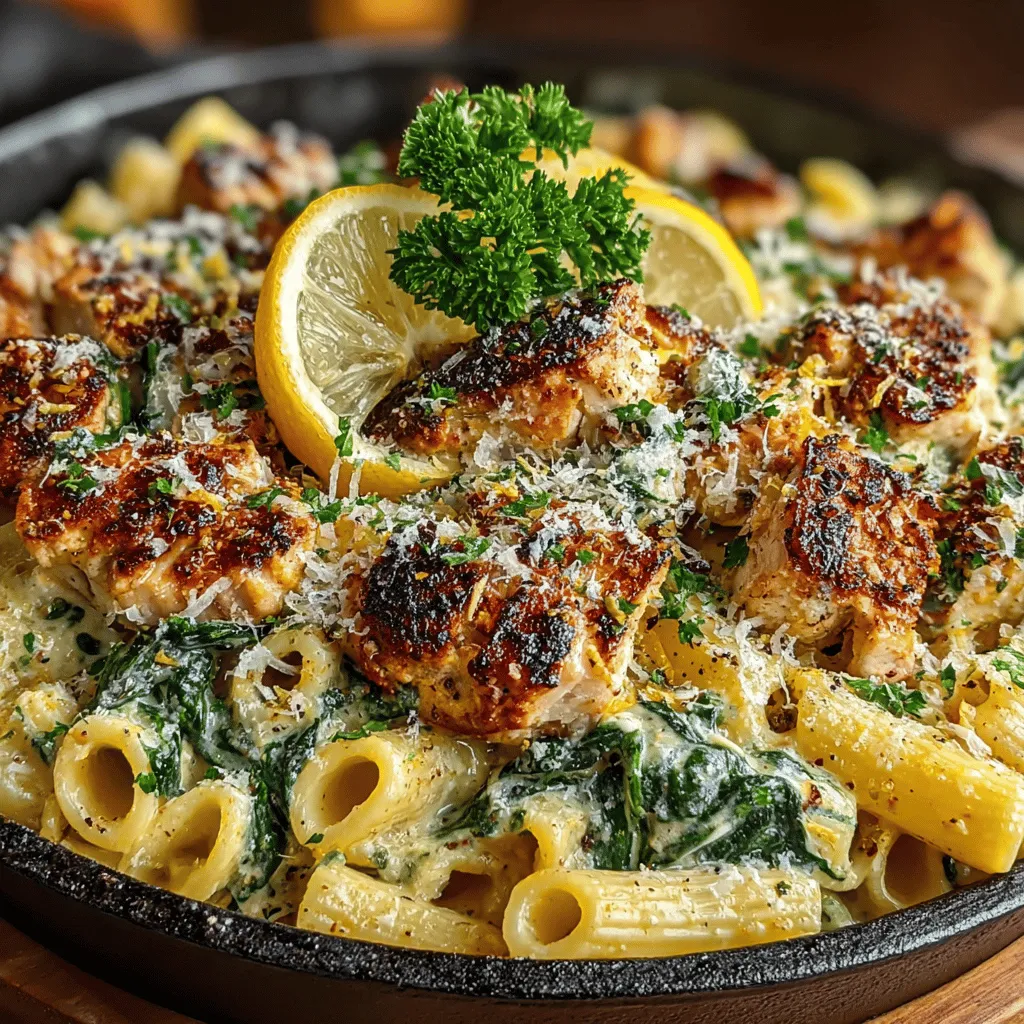 - 8 ounces penne pasta - 1 pound boneless, skinless chicken breasts, diced - 2 cups fresh spinach - 1 tablespoon olive oil - 1 small onion, diced - 3 cloves garlic, minced - 1 cup heavy cream - 1 cup chicken broth - 1 cup grated Parmesan cheese - 1 teaspoon dried Italian herbs (such as basil, oregano, or thyme) - Optional: red pepper flakes for heat - Salt and black pepper to taste