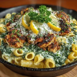 - 8 ounces penne pasta - 1 pound boneless, skinless chicken breasts, diced - 2 cups fresh spinach - 1 tablespoon olive oil - 1 small onion, diced - 3 cloves garlic, minced - 1 cup heavy cream - 1 cup chicken broth - 1 cup grated Parmesan cheese - 1 teaspoon dried Italian herbs (such as basil, oregano, or thyme) - Optional: red pepper flakes for heat - Salt and black pepper to taste