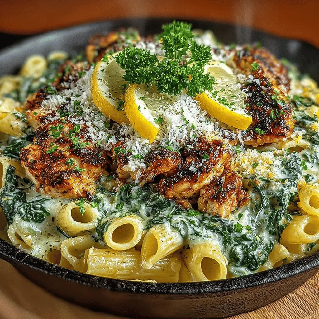 - 8 ounces penne pasta - 1 pound boneless, skinless chicken breasts, diced - 2 cups fresh spinach - 1 tablespoon olive oil - 1 small onion, diced - 3 cloves garlic, minced - 1 cup heavy cream - 1 cup chicken broth - 1 cup grated Parmesan cheese - 1 teaspoon dried Italian herbs (such as basil, oregano, or thyme) - Optional: red pepper flakes for heat - Salt and black pepper to taste