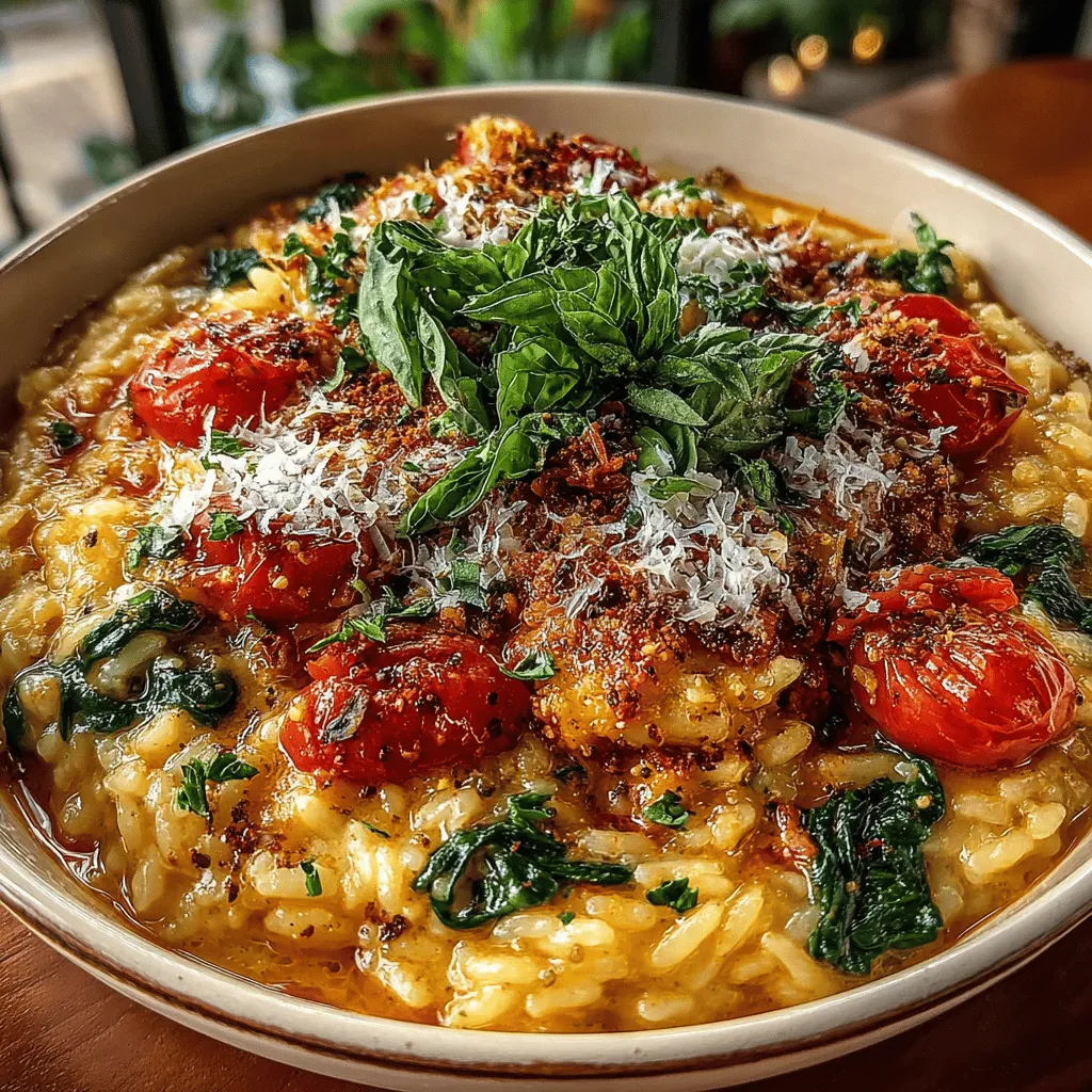 - 1 cup Arborio rice - 4 cups vegetable broth - 1 can (14.5 ounces) diced tomatoes, undrained - 2 cups fresh spinach, chopped - 1/2 cup heavy cream - 1/2 cup grated Parmesan cheese - 2 tablespoons olive oil - 1 small onion, finely chopped - 3 cloves garlic, minced - Salt and pepper to taste - Optional: 1/4 teaspoon red pepper flakes for a bit of heat - Fresh basil leaves for garnish