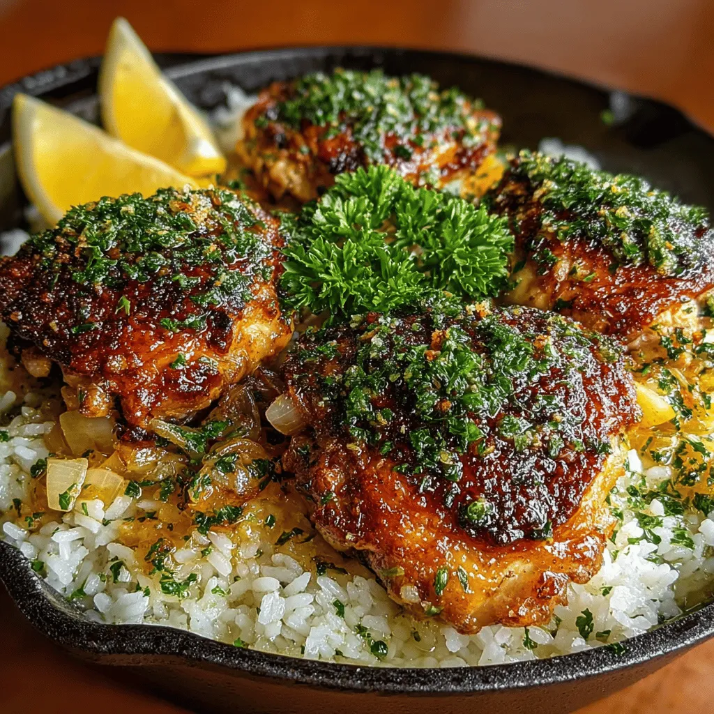 - 4 chicken thighs, bone-in and skin-on - 1 cup long-grain rice - 2 cups chicken broth - 1 large onion, diced - 3 cloves garlic, minced - 1 lemon, juiced and zested - 2 tablespoons olive oil - 1 teaspoon dried oregano - 1 teaspoon dried thyme - Salt and pepper to taste - Fresh parsley for garnish