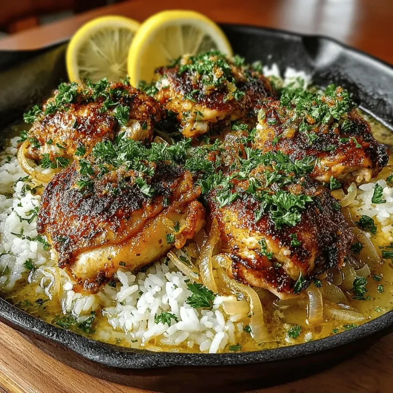 - 4 chicken thighs, bone-in and skin-on - 1 cup long-grain rice - 2 cups chicken broth - 1 large onion, diced - 3 cloves garlic, minced - 1 lemon, juiced and zested - 2 tablespoons olive oil - 1 teaspoon dried oregano - 1 teaspoon dried thyme - Salt and pepper to taste - Fresh parsley for garnish