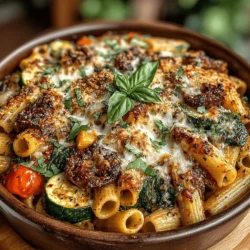 - 2 cups penne or fusilli pasta - 1 tablespoon olive oil - 1 cup bell peppers, diced (any color) - 1 cup zucchini, diced - 1 cup spinach, chopped - 1 cup mushrooms, sliced - 2 cups marinara sauce - 1 cup ricotta cheese - 1 cup mozzarella cheese, shredded - ½ cup Parmesan cheese, grated - 1 teaspoon Italian seasoning - Salt and pepper, to taste