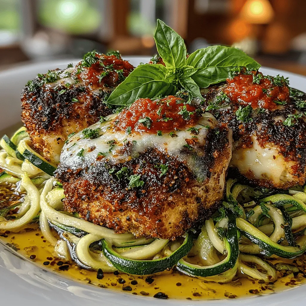 - 2 large chicken breasts - 1 cup whole wheat or panko breadcrumbs - 1/2 cup grated Parmesan cheese - 1 cup shredded mozzarella cheese - 2 large eggs - 2 medium zucchinis - 1 teaspoon garlic powder - 1 teaspoon dried oregano - 1 teaspoon salt - 1/2 teaspoon black pepper - Olive oil spray or 1 tablespoon olive oil - Fresh basil leaves for garnish (optional)