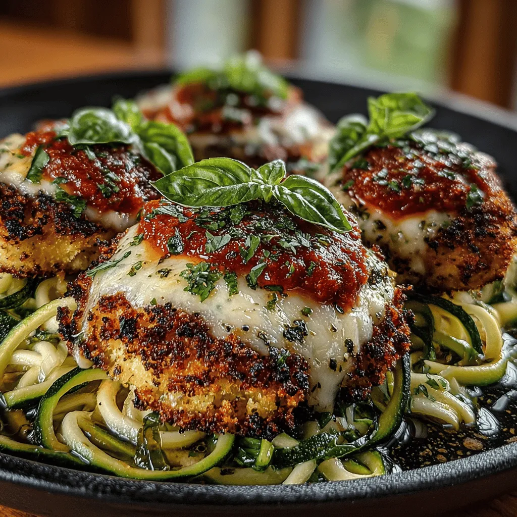 - 2 large chicken breasts - 1 cup whole wheat or panko breadcrumbs - 1/2 cup grated Parmesan cheese - 1 cup shredded mozzarella cheese - 2 large eggs - 2 medium zucchinis - 1 teaspoon garlic powder - 1 teaspoon dried oregano - 1 teaspoon salt - 1/2 teaspoon black pepper - Olive oil spray or 1 tablespoon olive oil - Fresh basil leaves for garnish (optional)