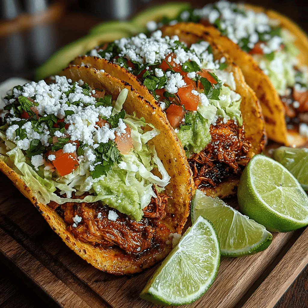 - 1 pound boneless, skinless chicken thighs - 2 tablespoons olive oil - 1 tablespoon chili powder - 1 teaspoon cumin - 1 teaspoon smoked paprika - 1 teaspoon garlic powder - 1 teaspoon onion powder - Salt and pepper to taste - 8 small corn tortillas - 1 ripe avocado, diced - 1 cup shredded lettuce - 1 cup diced tomatoes - 1/4 cup chopped fresh cilantro - Lime wedges for serving