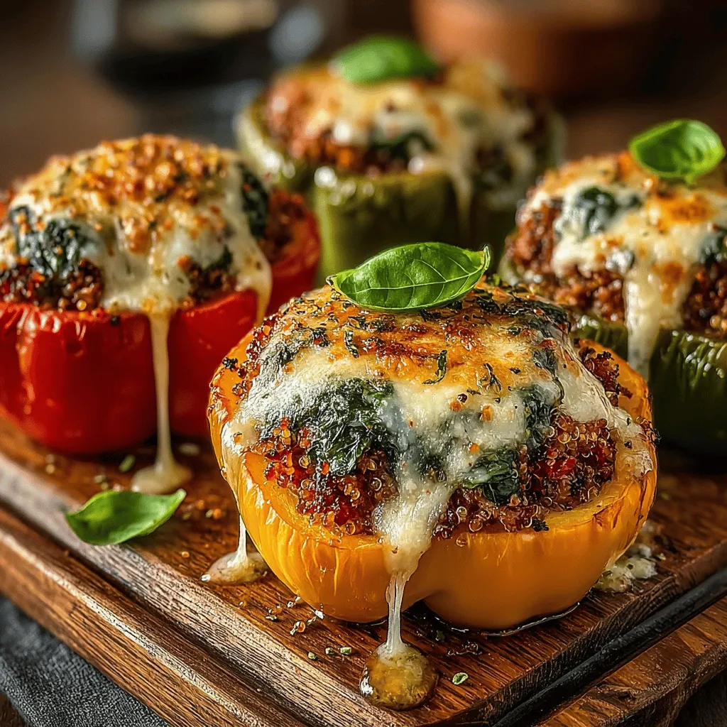 - 4 large bell peppers (any color) - 1 pound ground turkey - 2 cups fresh spinach, chopped - 1 cup cooked quinoa or rice - 1 medium onion, diced - 2 cloves garlic, minced - 1 teaspoon olive oil - 1 teaspoon Italian seasoning - Salt and pepper to taste - 1 cup shredded mozzarella cheese (optional) - Fresh parsley for garnish (optional)