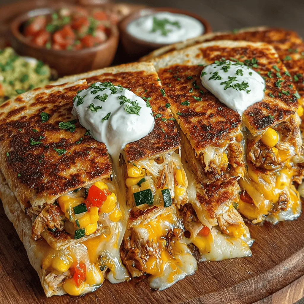 - 2 chicken breasts, diced - 1 bell pepper (any color), diced - 1 medium zucchini, diced - 1 cup corn (fresh, frozen, or canned) - 1 red onion, finely chopped - 1 cup spinach or kale, chopped - 1 teaspoon garlic powder - 1 teaspoon ground cumin - 1 teaspoon chili powder - 1 cup shredded cheese (cheddar, Monterey Jack, or a blend) - 4 large flour tortillas - Olive oil for cooking - Salt and pepper to taste