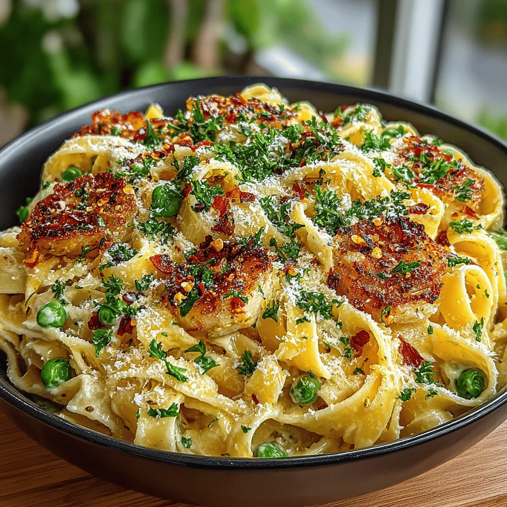 - 12 ounces fettuccine or linguine - 2 tablespoons olive oil - 4 cloves garlic, minced - 1 cup heavy cream - 1 cup grated Parmesan cheese - 1 cup frozen peas - Salt, to taste - Black pepper, to taste - Red pepper flakes (optional, for heat) - Fresh parsley, chopped (for garnish)