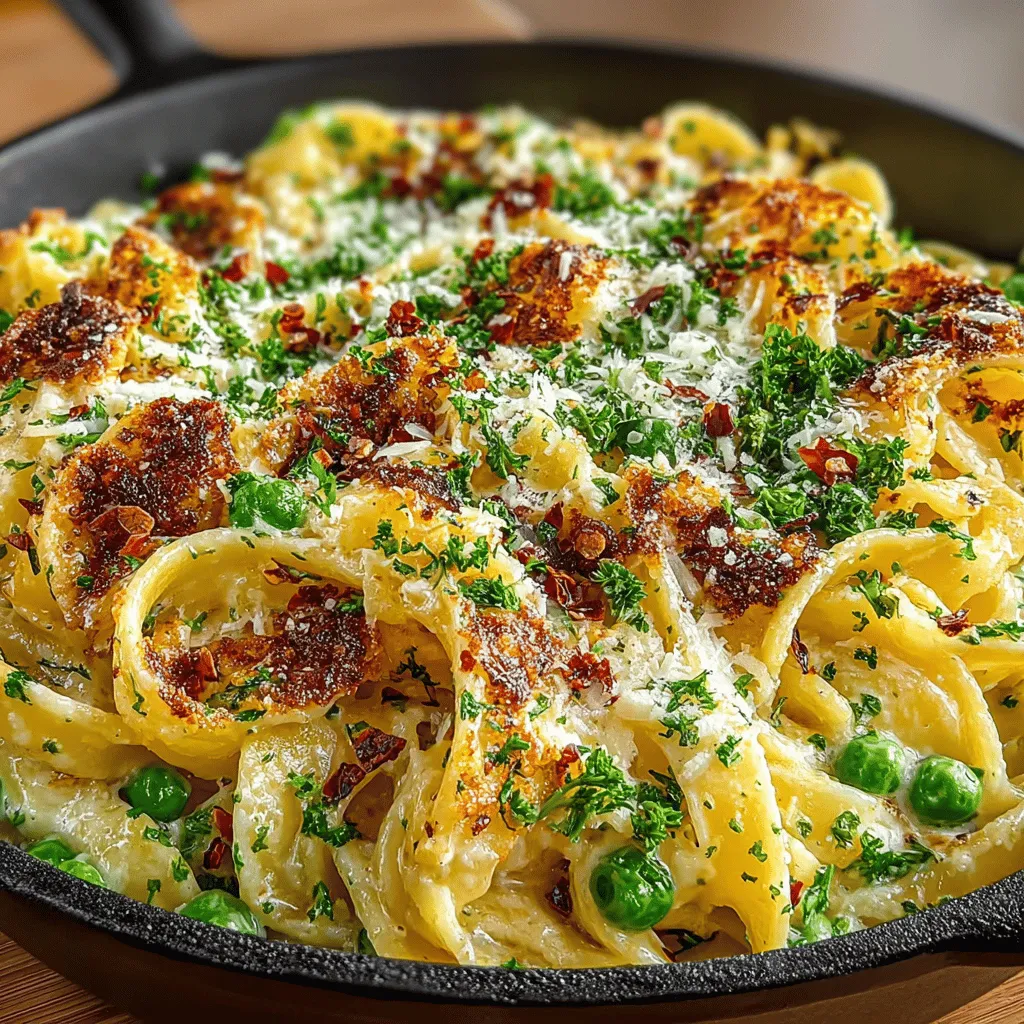 - 12 ounces fettuccine or linguine - 2 tablespoons olive oil - 4 cloves garlic, minced - 1 cup heavy cream - 1 cup grated Parmesan cheese - 1 cup frozen peas - Salt, to taste - Black pepper, to taste - Red pepper flakes (optional, for heat) - Fresh parsley, chopped (for garnish)