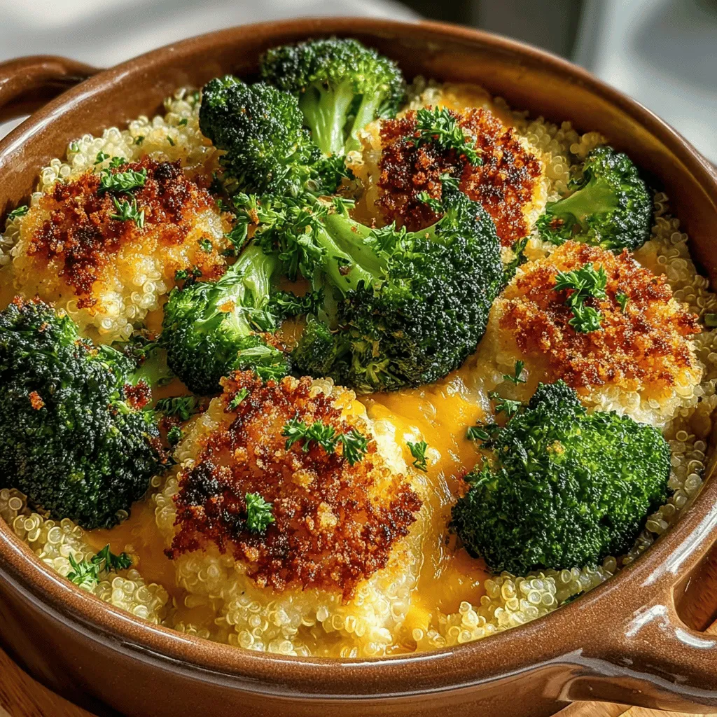This One-Pan Cheesy Broccoli and Quinoa Casserole is a delightful dish that brings together the wholesome goodness of quinoa and broccoli, making it a perfect option for a nutritious meal. Not only is it packed with essential vitamins and minerals, but it's also incredibly easy to prepare, requiring just one pan for cooking. This makes it an ideal choice for those with busy lifestyles who still want to enjoy a healthy and satisfying meal. The combination of cheesy goodness and the nutty flavor of quinoa creates a comforting dish that the whole family will love.