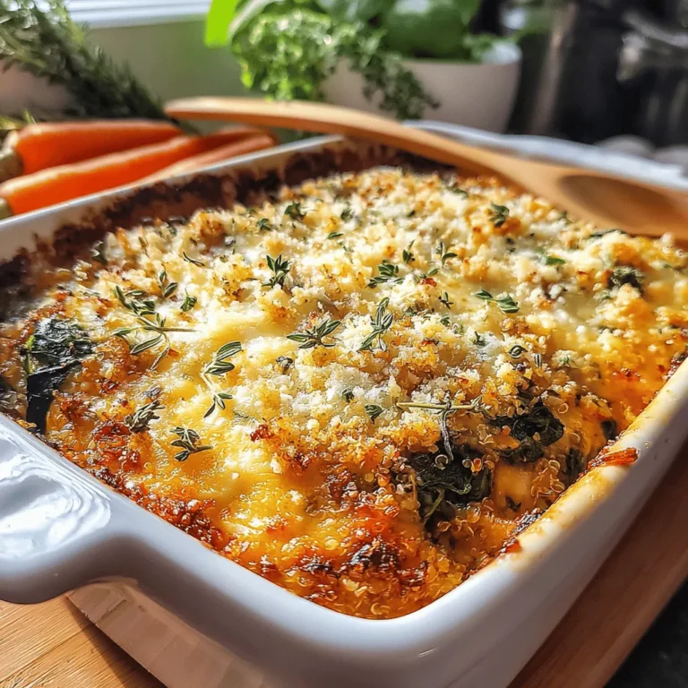 The Savory Cheesy Quinoa and Spinach Casserole is a delightful and healthy meal option that beautifully combines the goodness of quinoa, fresh spinach, and a medley of cheeses. This casserole is not only delicious but also packed with nutrients, making it an excellent choice for families, health-conscious individuals, and anyone craving a satisfying vegetarian dish.