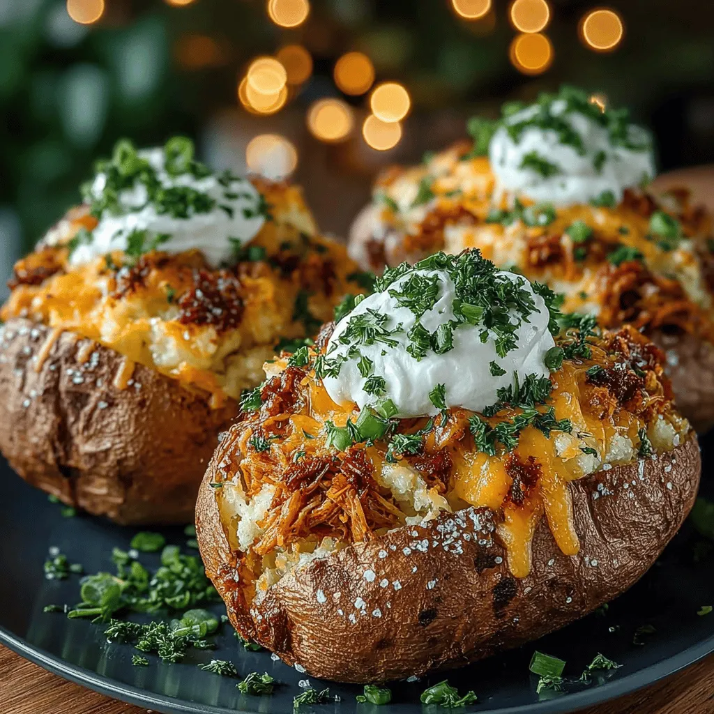 - 4 medium sweet potatoes - 2 cups pulled pork (cooked and shredded) - 1 cup shredded cheddar cheese (or your cheese of choice) - 1/2 cup sour cream (or Greek yogurt for a healthier option) - 1 teaspoon garlic powder - 1 teaspoon smoked paprika - Salt and pepper to taste - 2 green onions, chopped (for garnish) - Fresh cilantro (optional, for garnish)