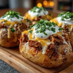 - 4 medium sweet potatoes - 2 cups pulled pork (cooked and shredded) - 1 cup shredded cheddar cheese (or your cheese of choice) - 1/2 cup sour cream (or Greek yogurt for a healthier option) - 1 teaspoon garlic powder - 1 teaspoon smoked paprika - Salt and pepper to taste - 2 green onions, chopped (for garnish) - Fresh cilantro (optional, for garnish)