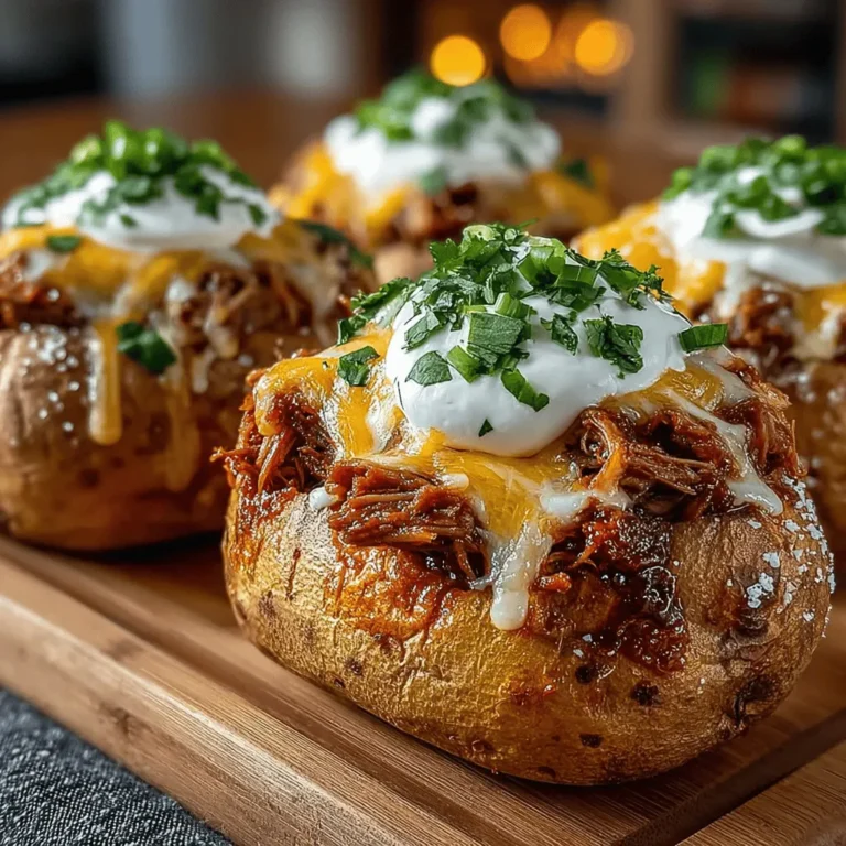 - 4 medium sweet potatoes - 2 cups pulled pork (cooked and shredded) - 1 cup shredded cheddar cheese (or your cheese of choice) - 1/2 cup sour cream (or Greek yogurt for a healthier option) - 1 teaspoon garlic powder - 1 teaspoon smoked paprika - Salt and pepper to taste - 2 green onions, chopped (for garnish) - Fresh cilantro (optional, for garnish)