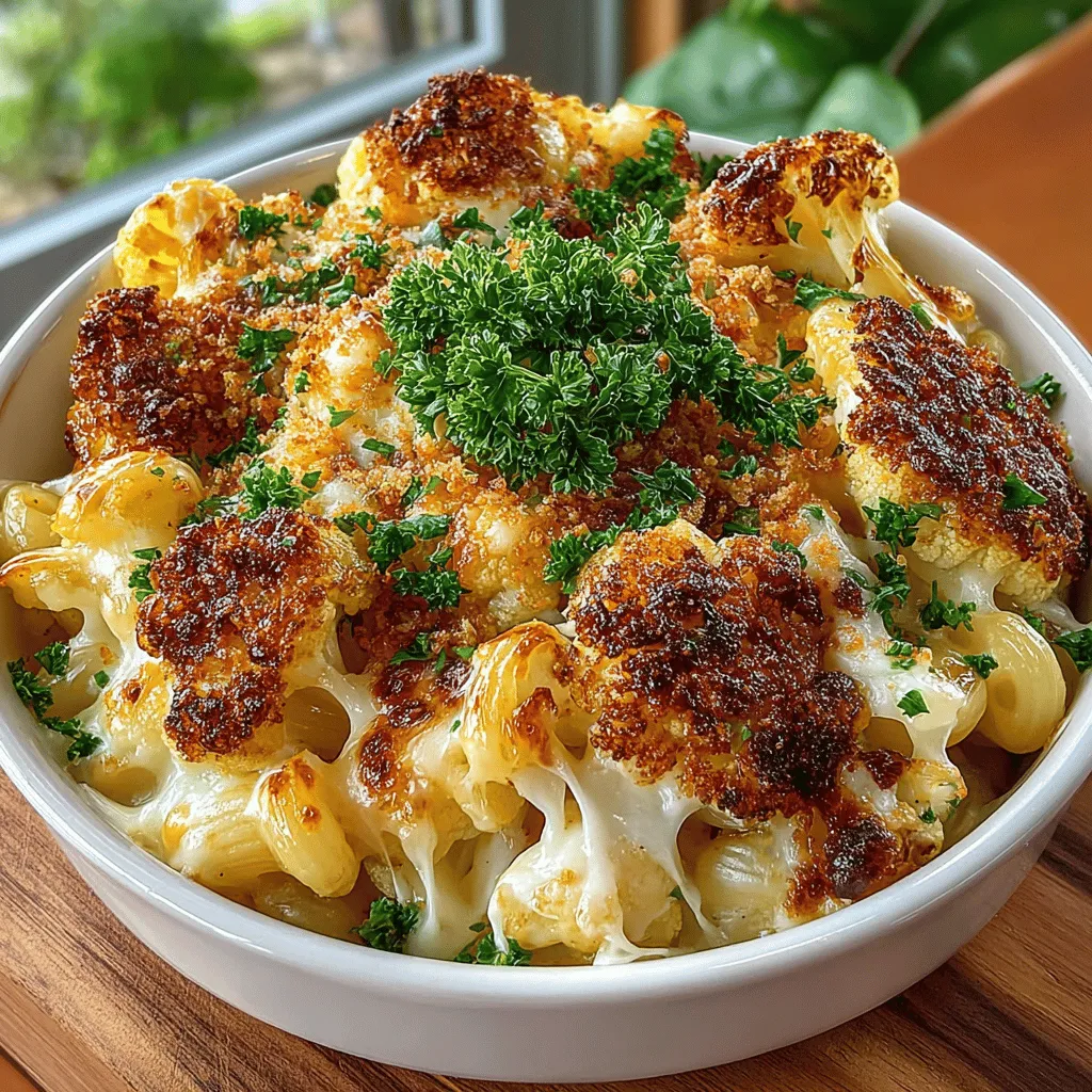 - 1 medium cauliflower, cut into florets - 8 oz elbow macaroni (or gluten-free pasta) - 2 cups sharp cheddar cheese, shredded - 1 cup mozzarella cheese, shredded - 2 cups milk - 3 tablespoons all-purpose flour - 3 tablespoons butter - 1 teaspoon garlic powder - 1 teaspoon onion powder - 1 teaspoon smoked paprika - Salt and pepper to taste - 1 cup breadcrumbs (optional, for topping) - Fresh parsley, chopped (for garnish)