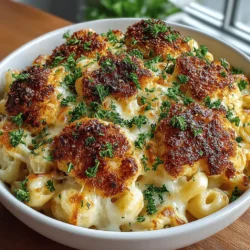 - 1 medium cauliflower, cut into florets - 8 oz elbow macaroni (or gluten-free pasta) - 2 cups sharp cheddar cheese, shredded - 1 cup mozzarella cheese, shredded - 2 cups milk - 3 tablespoons all-purpose flour - 3 tablespoons butter - 1 teaspoon garlic powder - 1 teaspoon onion powder - 1 teaspoon smoked paprika - Salt and pepper to taste - 1 cup breadcrumbs (optional, for topping) - Fresh parsley, chopped (for garnish)