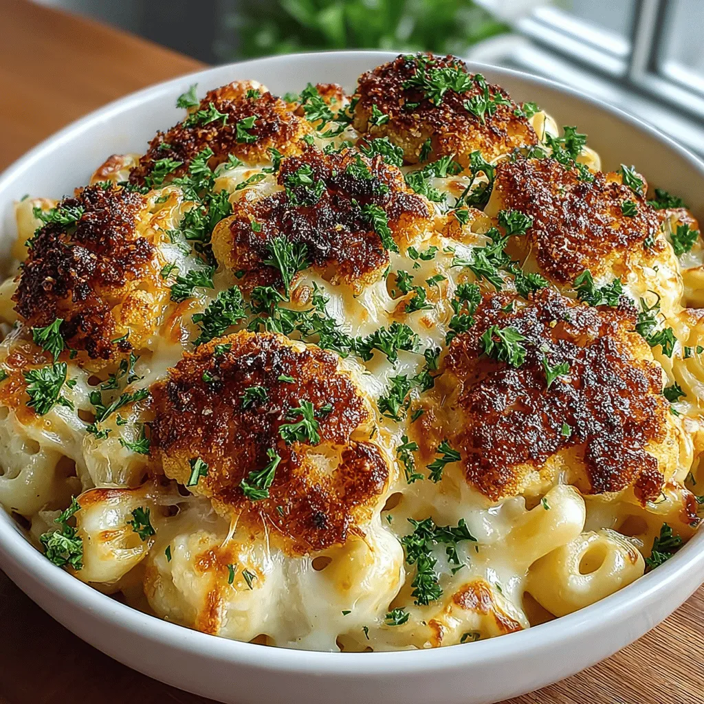 - 1 medium cauliflower, cut into florets - 8 oz elbow macaroni (or gluten-free pasta) - 2 cups sharp cheddar cheese, shredded - 1 cup mozzarella cheese, shredded - 2 cups milk - 3 tablespoons all-purpose flour - 3 tablespoons butter - 1 teaspoon garlic powder - 1 teaspoon onion powder - 1 teaspoon smoked paprika - Salt and pepper to taste - 1 cup breadcrumbs (optional, for topping) - Fresh parsley, chopped (for garnish)