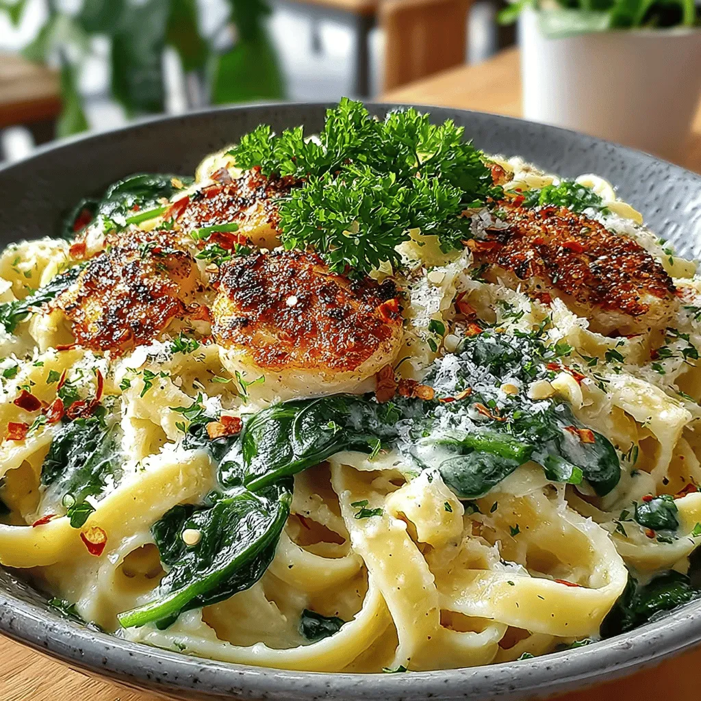 - 8 ounces fettuccine or spaghetti - 2 tablespoons olive oil - 4 cloves garlic, minced - 1 cup heavy cream - 1 cup grated Parmesan cheese - 4 cups fresh spinach, roughly chopped - Salt and black pepper to taste - Fresh parsley for garnish (optional)