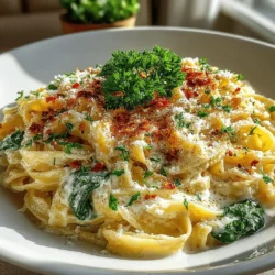 - 8 ounces fettuccine or spaghetti - 2 tablespoons olive oil - 4 cloves garlic, minced - 1 cup heavy cream - 1 cup grated Parmesan cheese - 4 cups fresh spinach, roughly chopped - Salt and black pepper to taste - Fresh parsley for garnish (optional)