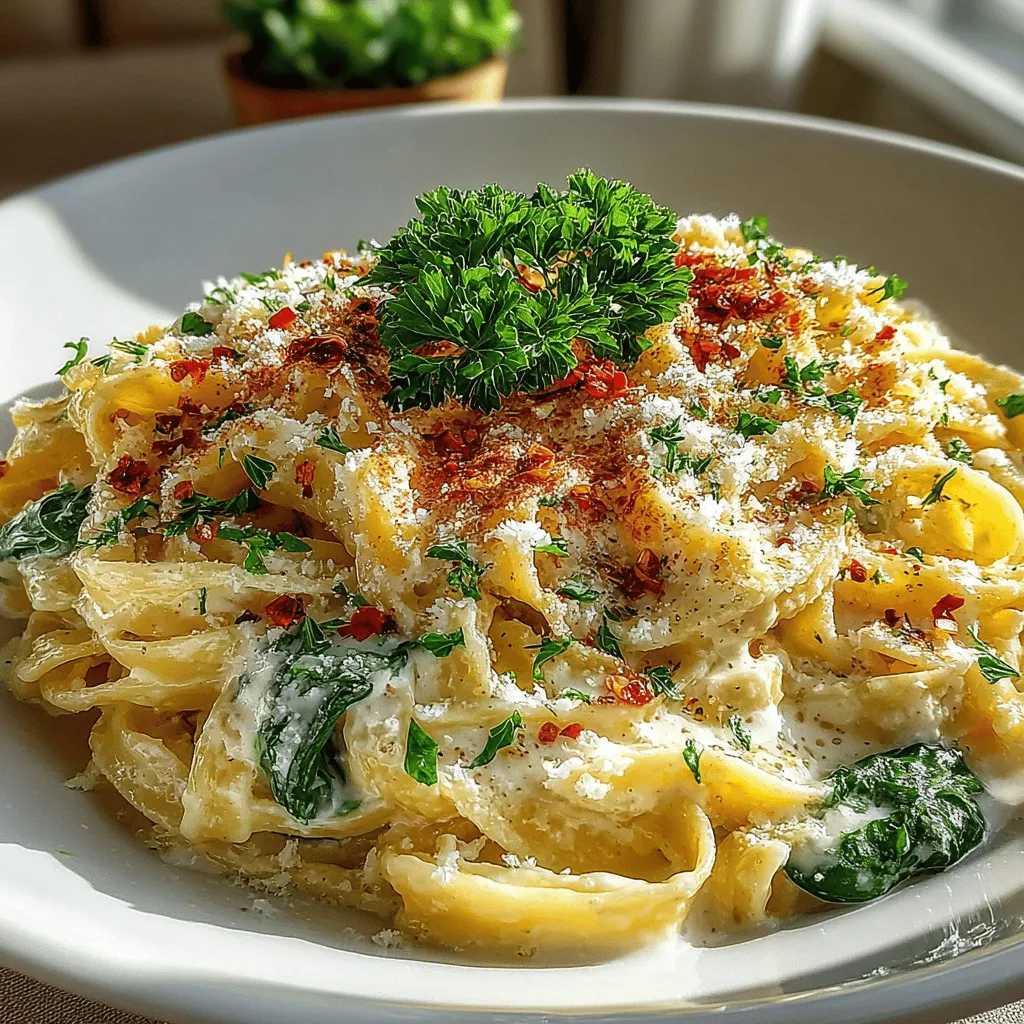 - 8 ounces fettuccine or spaghetti - 2 tablespoons olive oil - 4 cloves garlic, minced - 1 cup heavy cream - 1 cup grated Parmesan cheese - 4 cups fresh spinach, roughly chopped - Salt and black pepper to taste - Fresh parsley for garnish (optional)