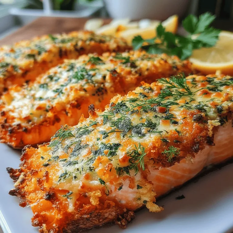 Herb Garlic Parmesan Crusted Salmon is a delightful dish that beautifully marries the rich, buttery taste of salmon with a crunchy, herb-infused topping. This recipe is not only packed with flavor but is also incredibly simple to prepare, making it an excellent choice for busy weeknights or special occasions. With its impressive presentation and mouthwatering aroma, this salmon dish is sure to please both family and guests alike.